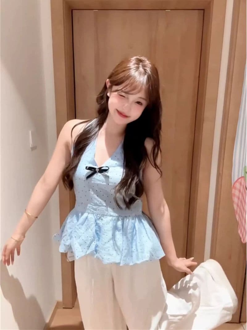 전체 조각 이중층 재료 밑단 충분하다. 캐노피 소나무 도트 무늬 나비 매듭 행침 목 파란색 캐미솔 이미지 4