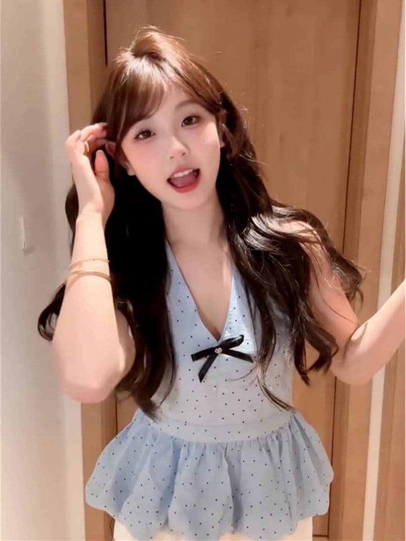 전체 조각 이중층 재료 밑단 충분하다. 캐노피 소나무 도트 무늬 나비 매듭 행침 목 파란색 캐미솔