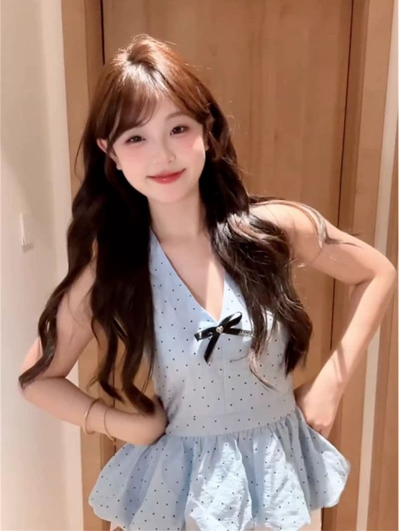 전체 조각 이중층 재료 밑단 충분하다. 캐노피 소나무 도트 무늬 나비 매듭 행침 목 파란색 캐미솔 상세 이미지 2