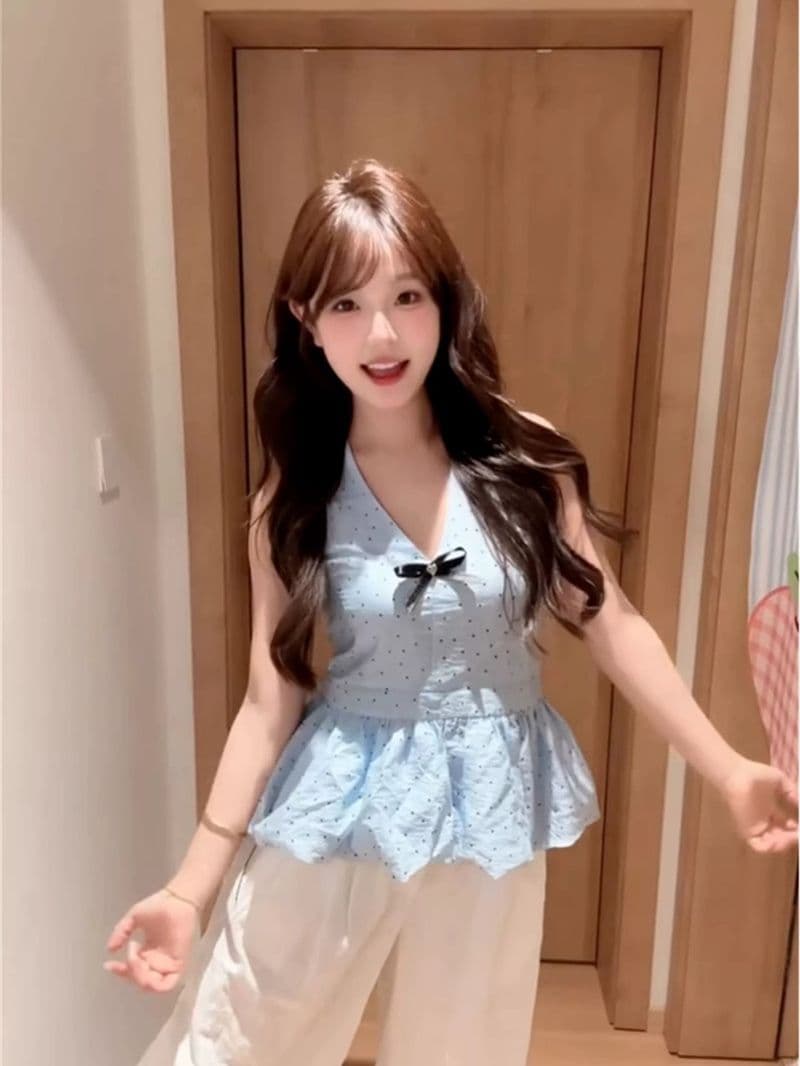 전체 조각 이중층 재료 밑단 충분하다. 캐노피 소나무 도트 무늬 나비 매듭 행침 목 파란색 캐미솔 상세 이미지 3