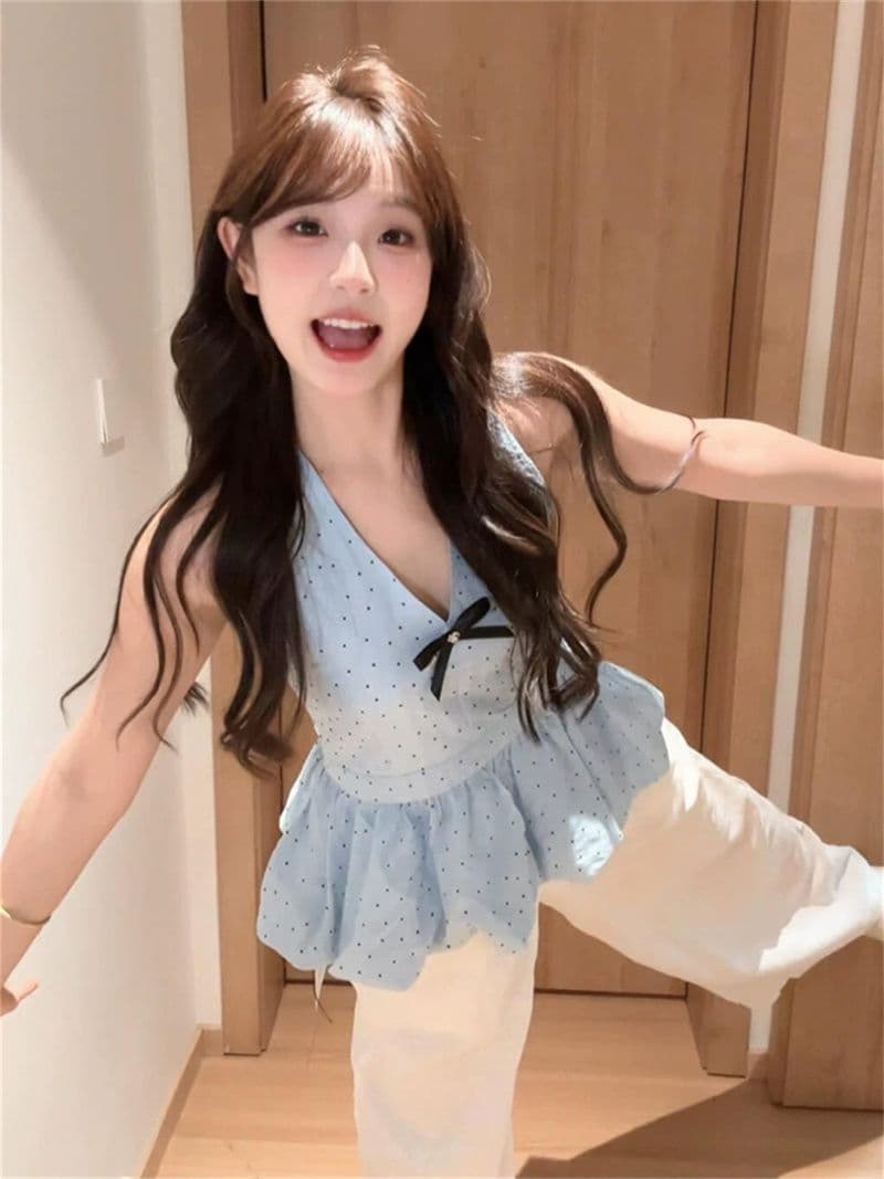 전체 조각 이중층 재료 밑단 충분하다. 캐노피 소나무 도트 무늬 나비 매듭 행침 목 파란색 캐미솔 상세 이미지 6