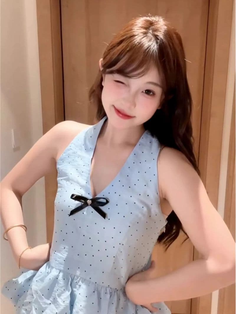 전체 조각 이중층 재료 밑단 충분하다. 캐노피 소나무 도트 무늬 나비 매듭 행침 목 파란색 캐미솔 상세 이미지 7