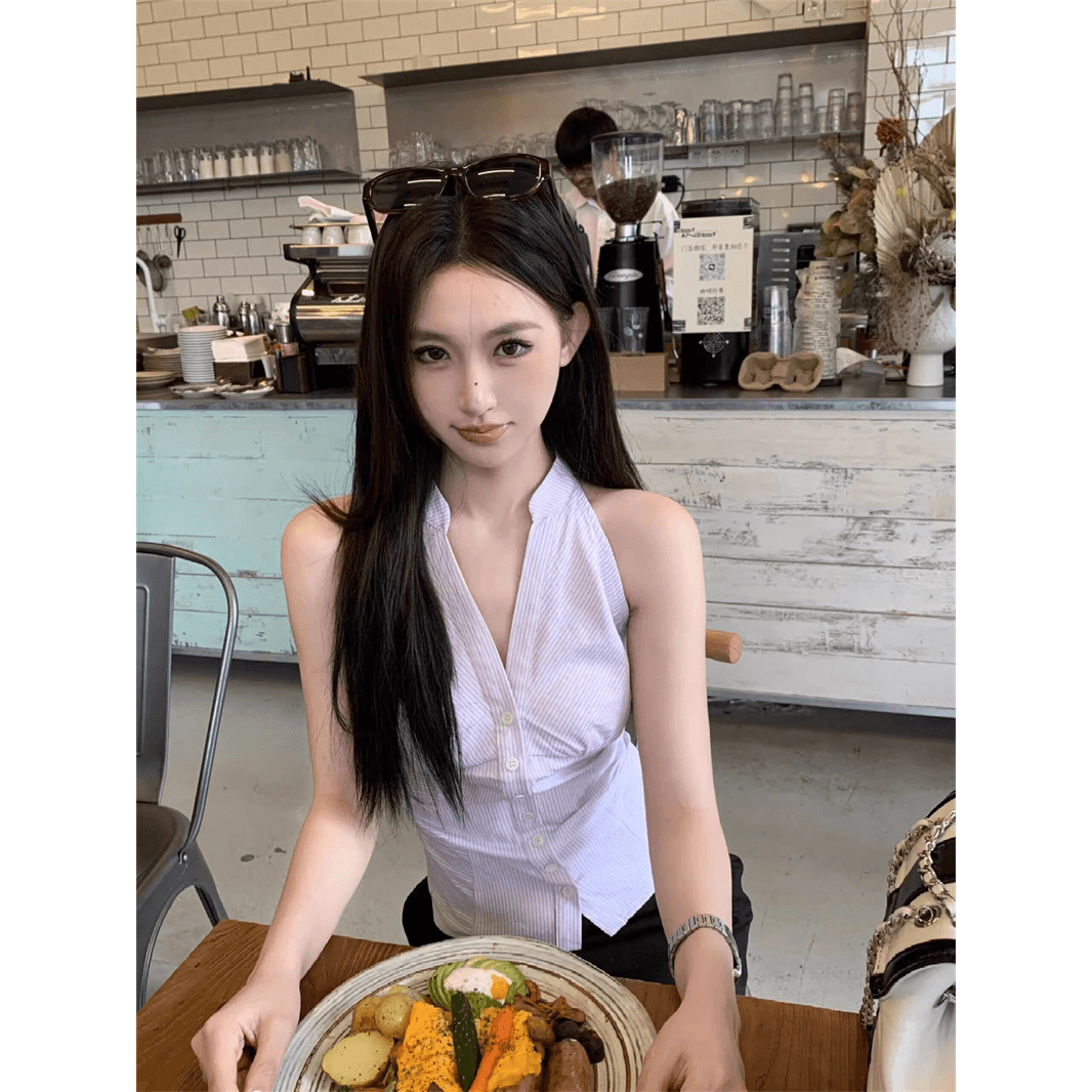 원본 품질 순수한 욕망 민소매 스트라이프 여성 셔츠 여름 새로운 작은 대중 몸매 가꾸기 오프숄더 행침 목 맨위