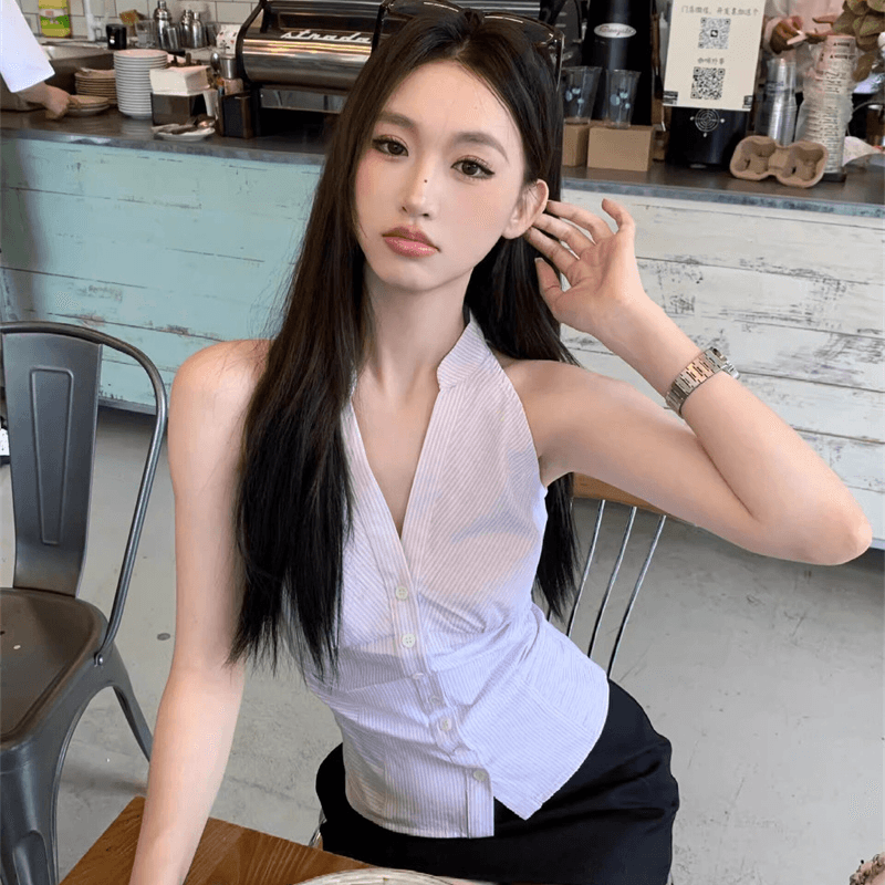 원본 품질 순수한 욕망 민소매 스트라이프 여성 셔츠 여름 새로운 작은 대중 몸매 가꾸기 오프숄더 행침 목 맨위 이미지 4