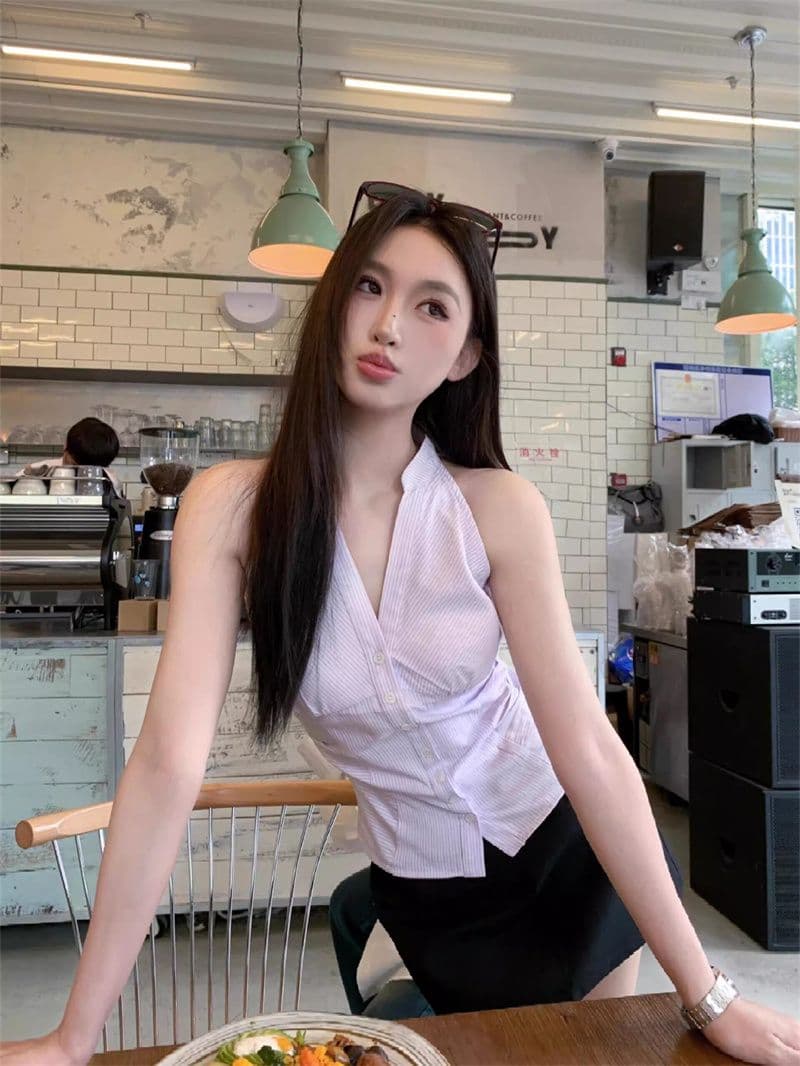 원본 품질 순수한 욕망 민소매 스트라이프 여성 셔츠 여름 새로운 작은 대중 몸매 가꾸기 오프숄더 행침 목 맨위 상세 이미지 2