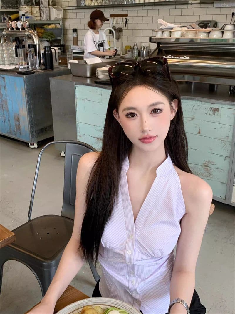원본 품질 순수한 욕망 민소매 스트라이프 여성 셔츠 여름 새로운 작은 대중 몸매 가꾸기 오프숄더 행침 목 맨위 상세 이미지 3