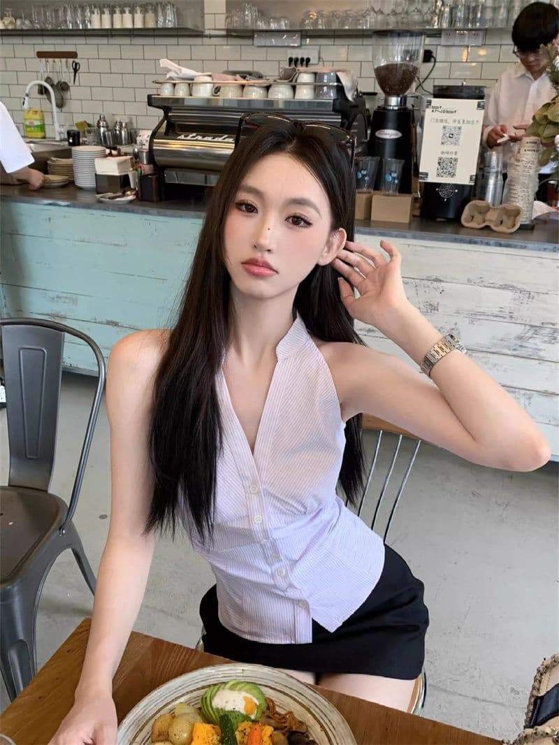 원본 품질 순수한 욕망 민소매 스트라이프 여성 셔츠 여름 새로운 작은 대중 몸매 가꾸기 오프숄더 행침 목 맨위 상세 이미지 6