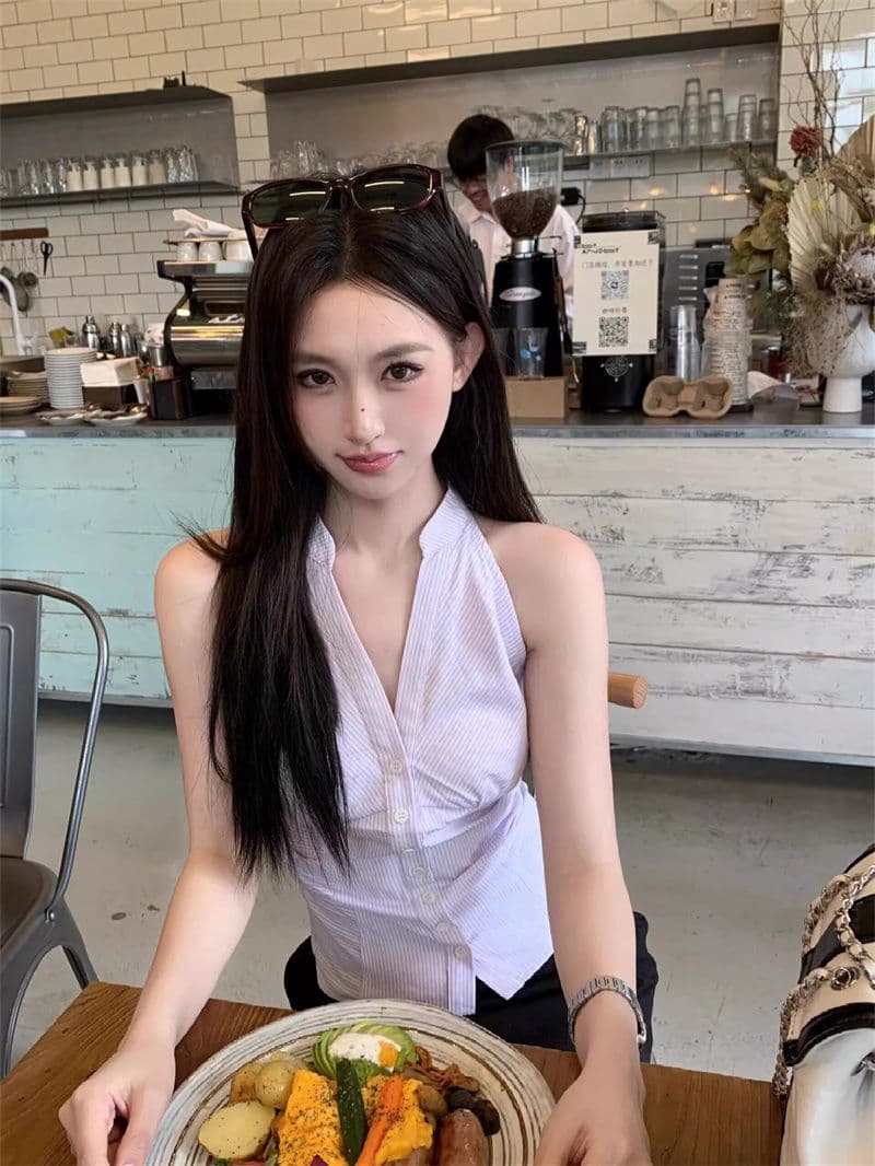 원본 품질 순수한 욕망 민소매 스트라이프 여성 셔츠 여름 새로운 작은 대중 몸매 가꾸기 오프숄더 행침 목 맨위 상세 이미지 9