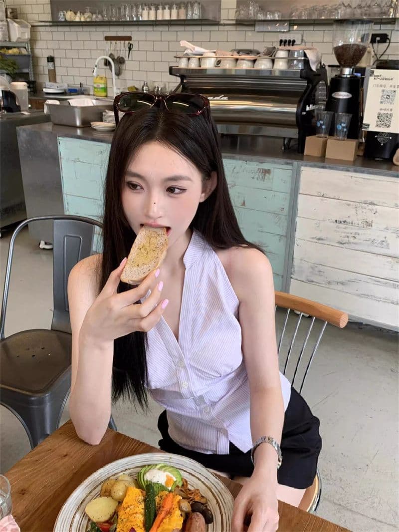원본 품질 순수한 욕망 민소매 스트라이프 여성 셔츠 여름 새로운 작은 대중 몸매 가꾸기 오프숄더 행침 목 맨위 상세 이미지 10