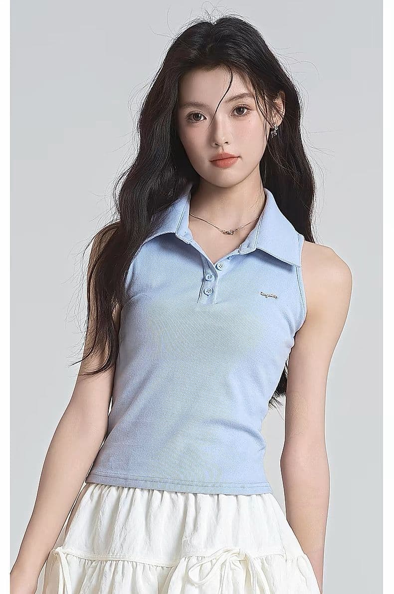 원본 품질 POLO 칼라 민소매 조끼 여성 여름 디자인 센스 몸매 가꾸기 핫걸 쇼트 스타일 다용도 맨위 상세 이미지 3