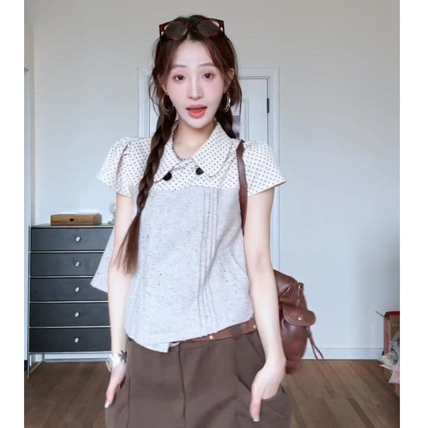 한 부서 소녀 센스 도트 무늬 베이비 칼라 여성 셔츠 플리츠 패치워크 색상 달콤함 쇼트 스타일 맨위 셔츠 이미지 3