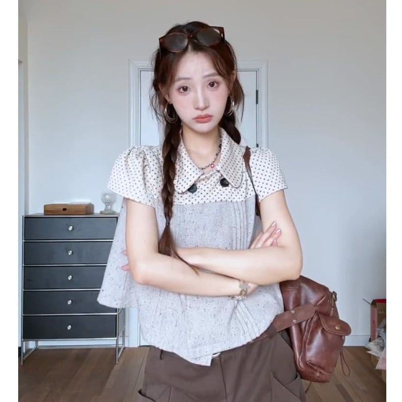 한 부서 소녀 센스 도트 무늬 베이비 칼라 여성 셔츠 플리츠 패치워크 색상 달콤함 쇼트 스타일 맨위 셔츠 이미지 4
