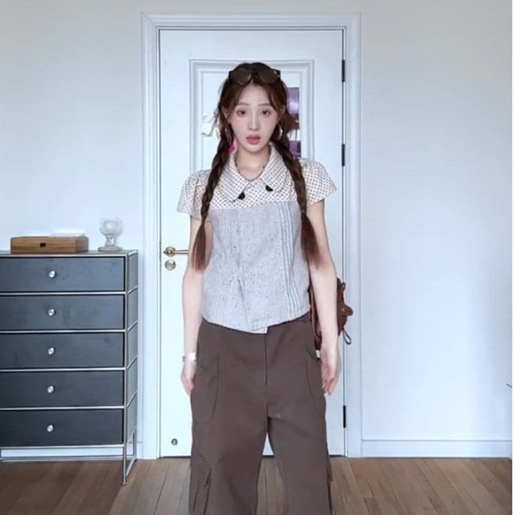 한 부서 소녀 센스 도트 무늬 베이비 칼라 여성 셔츠 플리츠 패치워크 색상 달콤함 쇼트 스타일 맨위 셔츠 상세 이미지 9