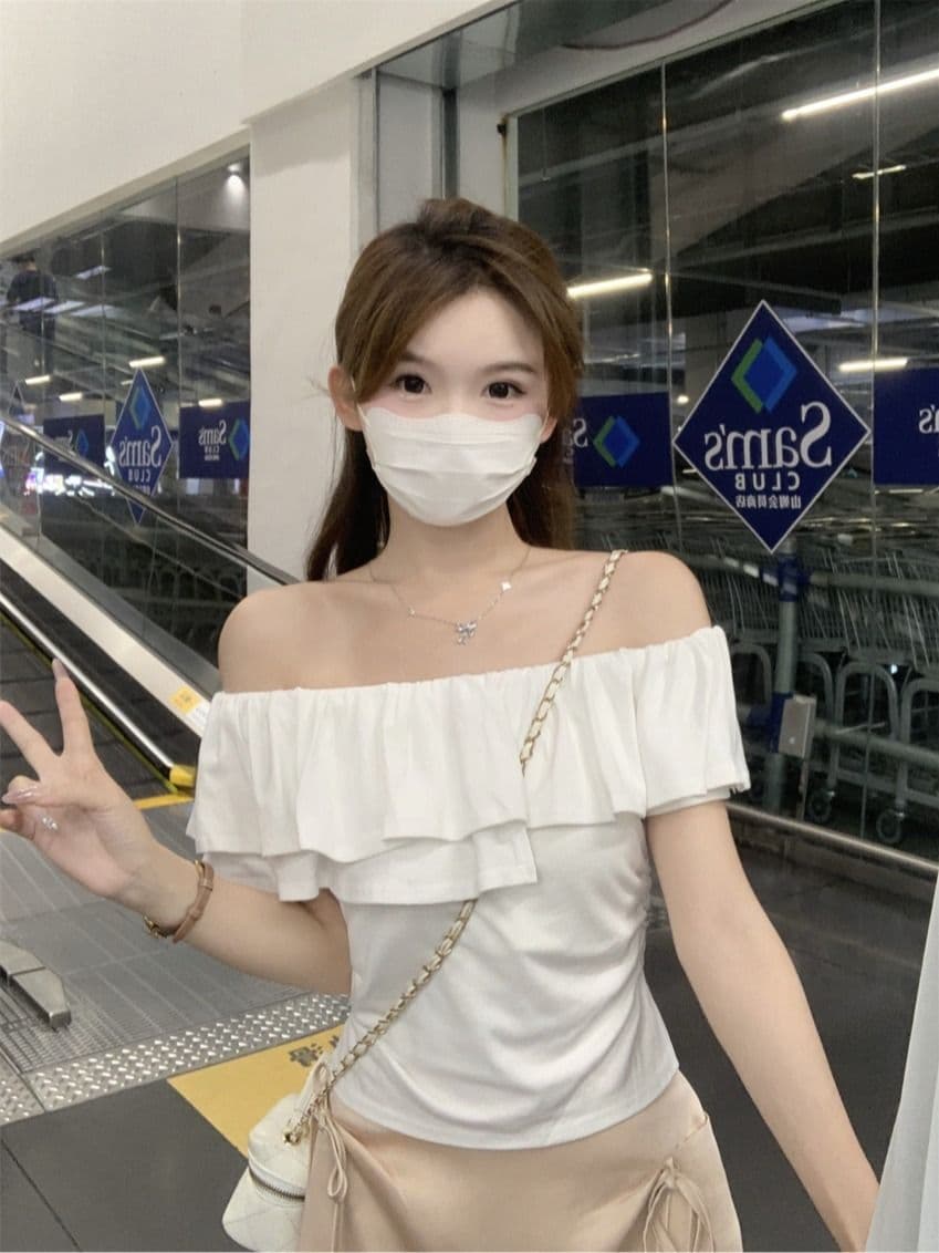원본 것 여름 순수한 욕망 오프숄더 반팔 티셔츠 프릴 주름 Chic 몸매 가꾸기 쇼트 스타일 맨위 상세 이미지 1