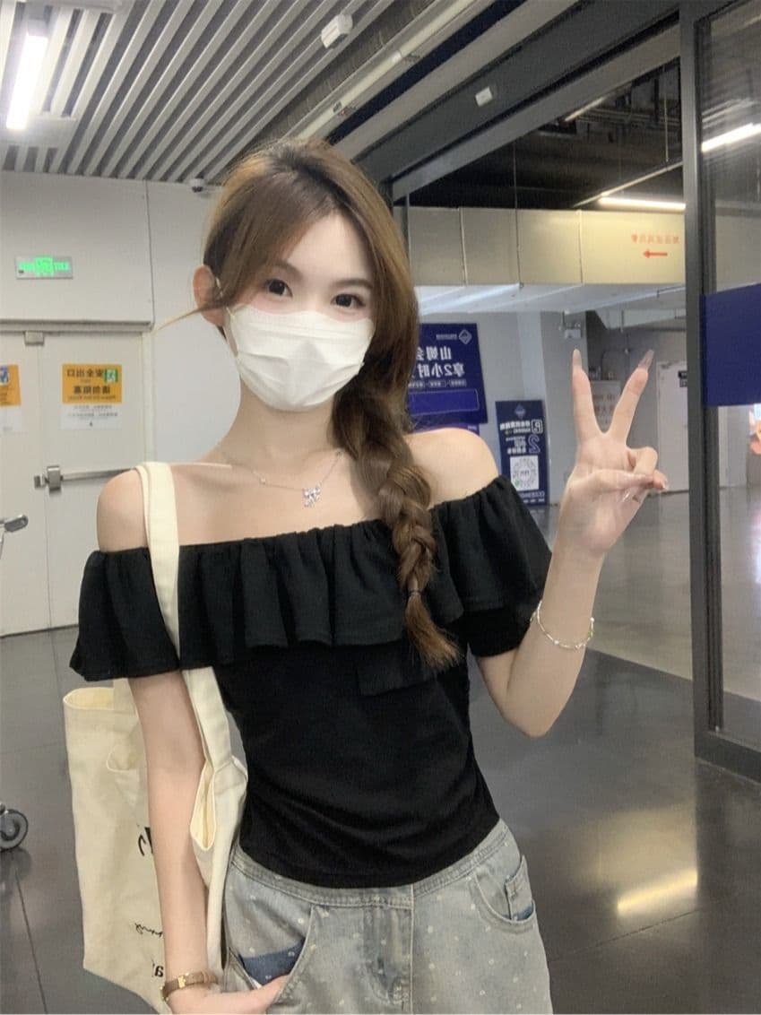 원본 것 여름 순수한 욕망 오프숄더 반팔 티셔츠 프릴 주름 Chic 몸매 가꾸기 쇼트 스타일 맨위 상세 이미지 4