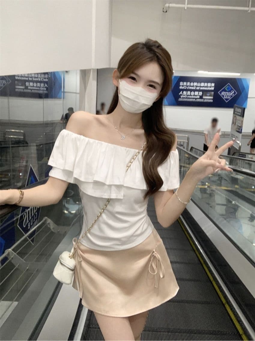 원본 것 여름 순수한 욕망 오프숄더 반팔 티셔츠 프릴 주름 Chic 몸매 가꾸기 쇼트 스타일 맨위 상세 이미지 5