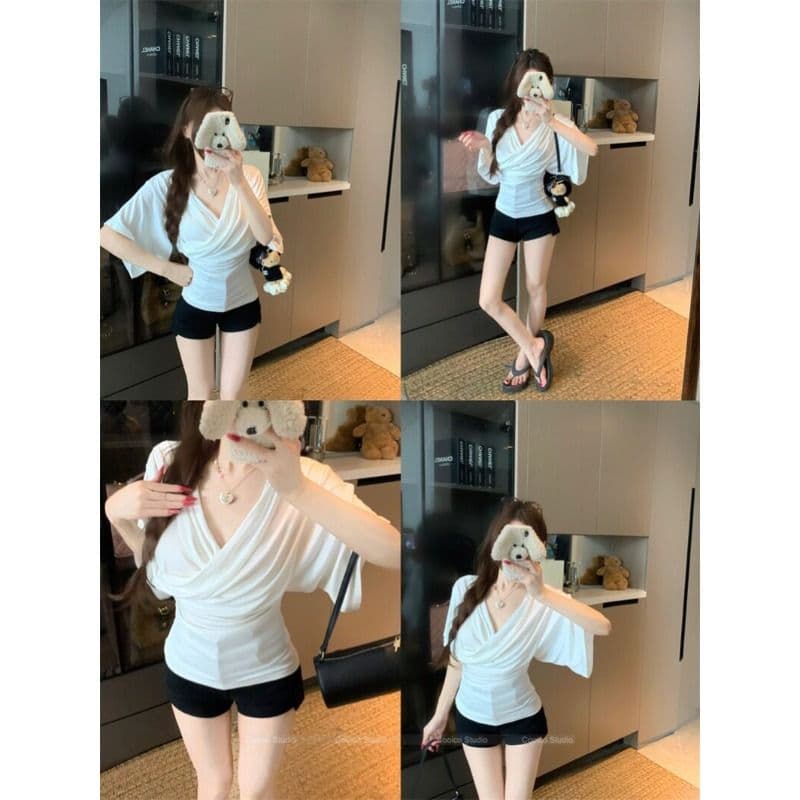 와 사고 방식 순수한 욕망 바람 화이트 몸매 가꾸기 십자가 V넥 배트윙 소매 티셔츠 여성 여름 몸매 가꾸기 꼬집기 허리 위로 의류 상세 이미지 4