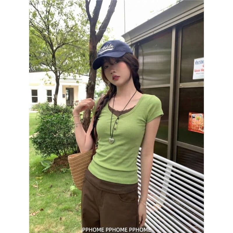프랑스 리브 원본 원단 페이크 레이어드 레이스 라운드 넥 반팔 티셔츠 여성 몸매 가꾸기 다용도 슬림해 보이는 맨위 상세 이미지 1