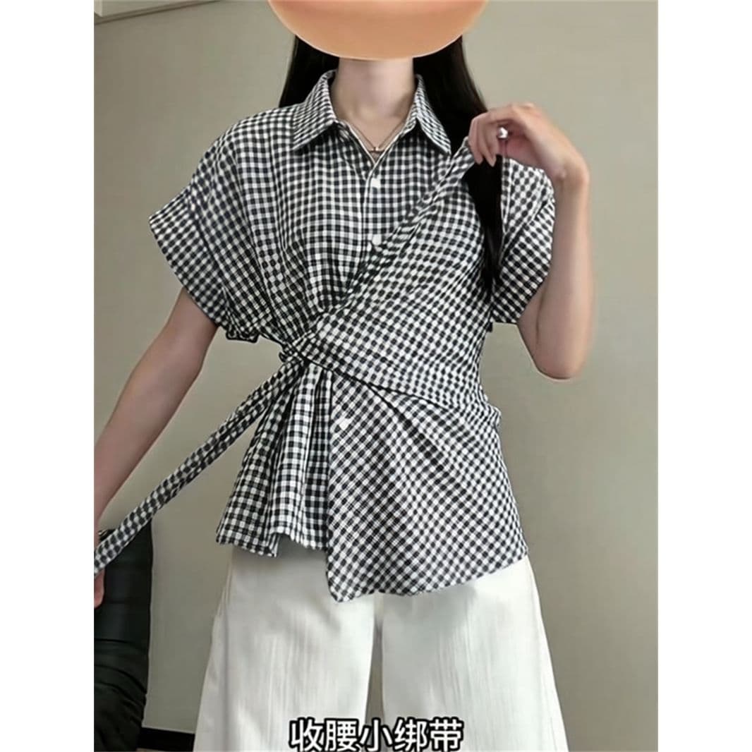 한 부서 체크무늬 나비 매듭 스트랩 POLO 칼라 반팔 여성 셔츠 여름 몸매 가꾸기 고급 센스 캐주얼 맨위 이미지 2
