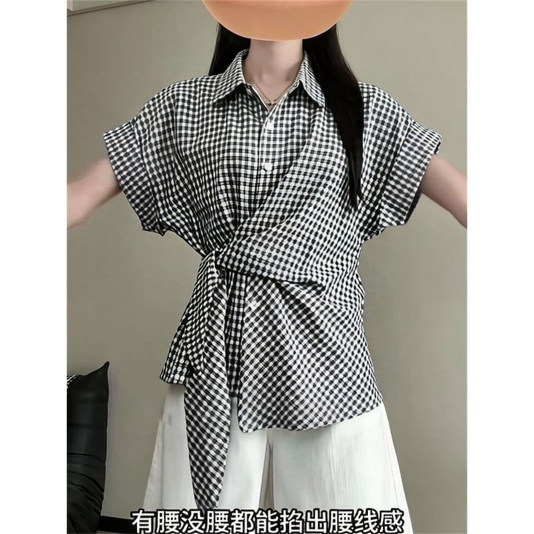 한 부서 체크무늬 나비 매듭 스트랩 POLO 칼라 반팔 여성 셔츠 여름 몸매 가꾸기 고급 센스 캐주얼 맨위 상세 이미지 3
