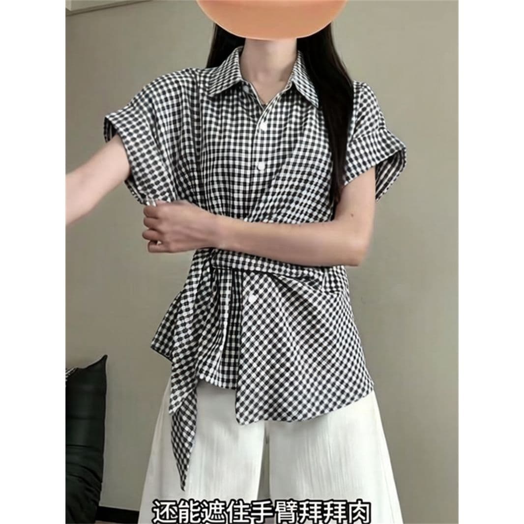 한 부서 체크무늬 나비 매듭 스트랩 POLO 칼라 반팔 여성 셔츠 여름 몸매 가꾸기 고급 센스 캐주얼 맨위 상세 이미지 4