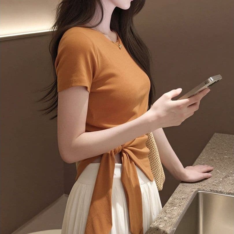 빅 사이즈 불규칙 스트랩 몸매 가꾸기 반팔 티셔츠 여성 여름 라운드 넥 디스플레이 화이트 디자인 센스 부드러운 품격 슬림해 보이는 맨위 이미지 4