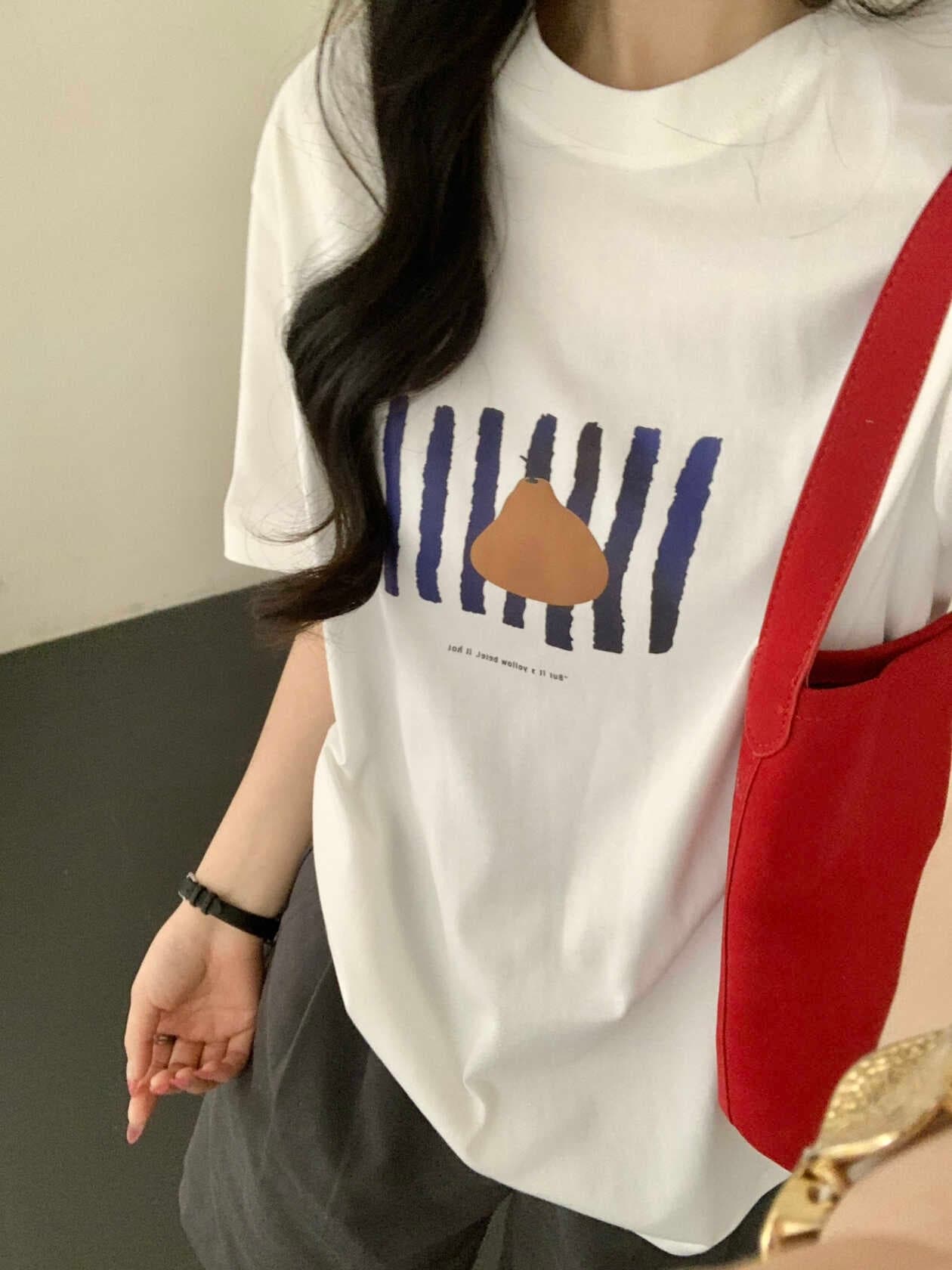있음 선적 한국 스타일 캐주얼 미니멀리즘 ins 바람 프린트 루즈핏 순면 라운드 넥 슬림해 보이는 반팔 티셔츠
