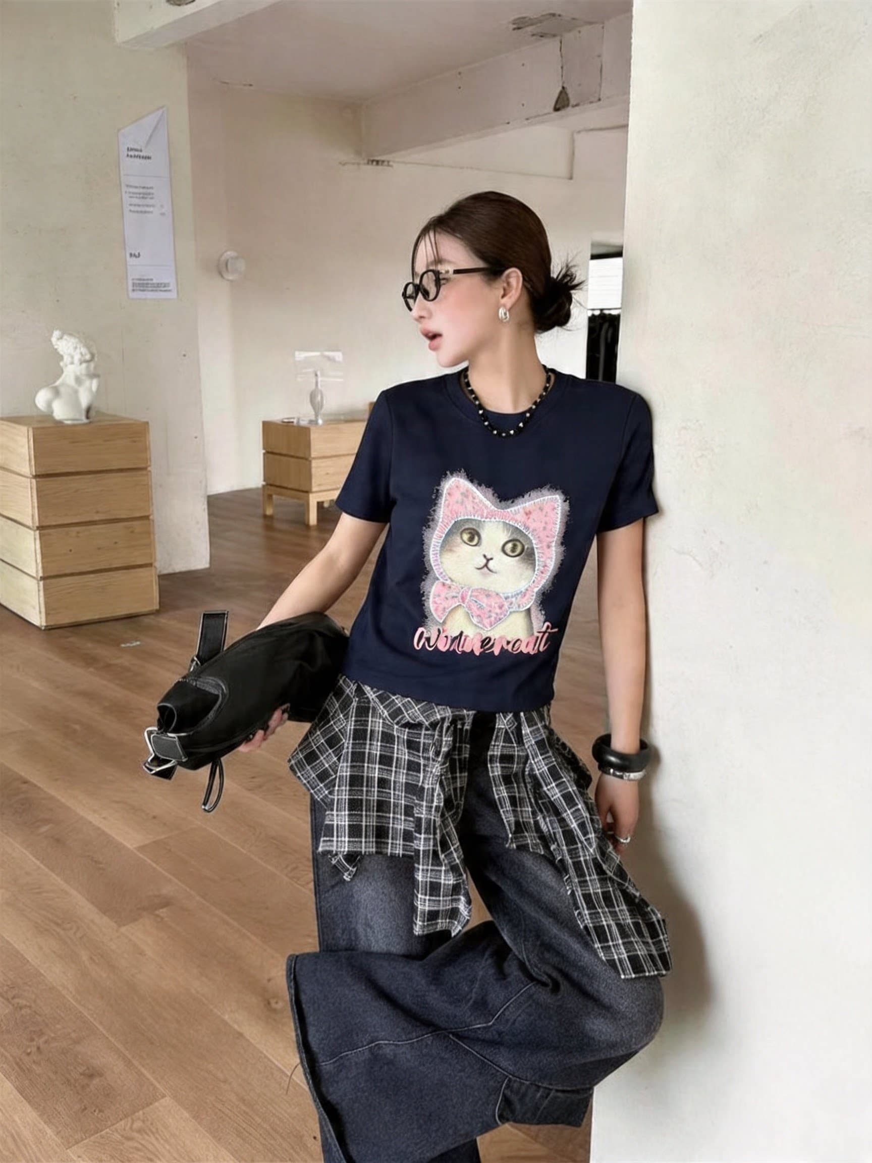있음 선적 한 부서 귀여운 고양이 프린트 반팔 티셔츠 여성 새로운 여름 한국 스타일 캐주얼 슬림해 보이는 맨위 상세 이미지 7