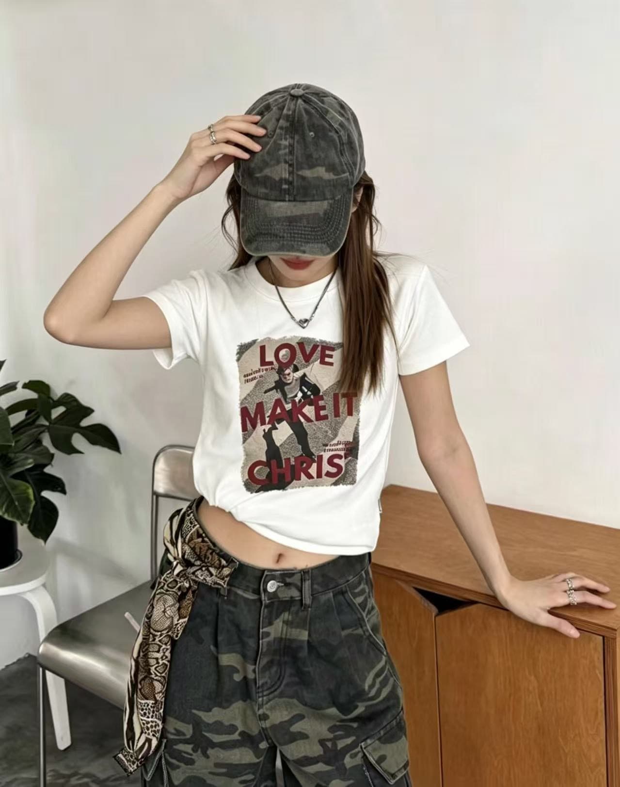 있음 선적 아메리칸 레트로 긍정적 인 어깨 쇼트 스타일 알파벳 프린트 라운드 넥 티셔츠 여성 몸매 가꾸기 슬림해 보이는 다용도 맨위 트렌디 이미지 4