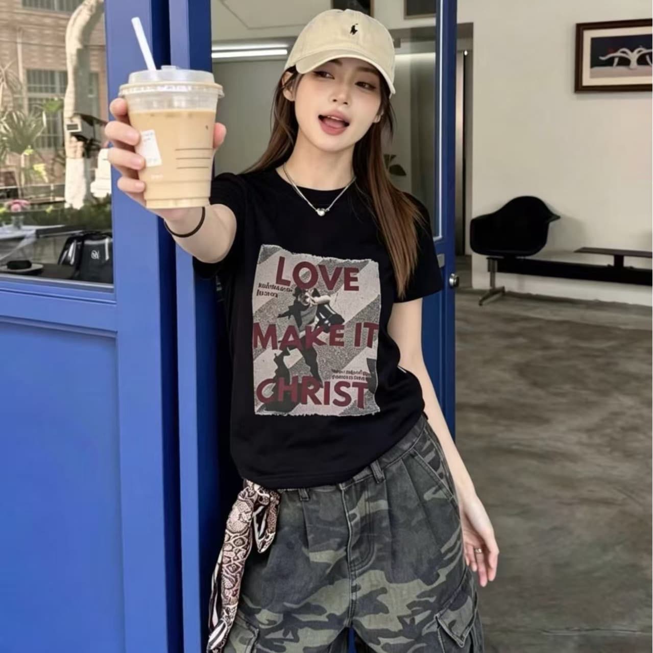 있음 선적 아메리칸 레트로 긍정적 인 어깨 쇼트 스타일 알파벳 프린트 라운드 넥 티셔츠 여성 몸매 가꾸기 슬림해 보이는 다용도 맨위 트렌디 이미지 5