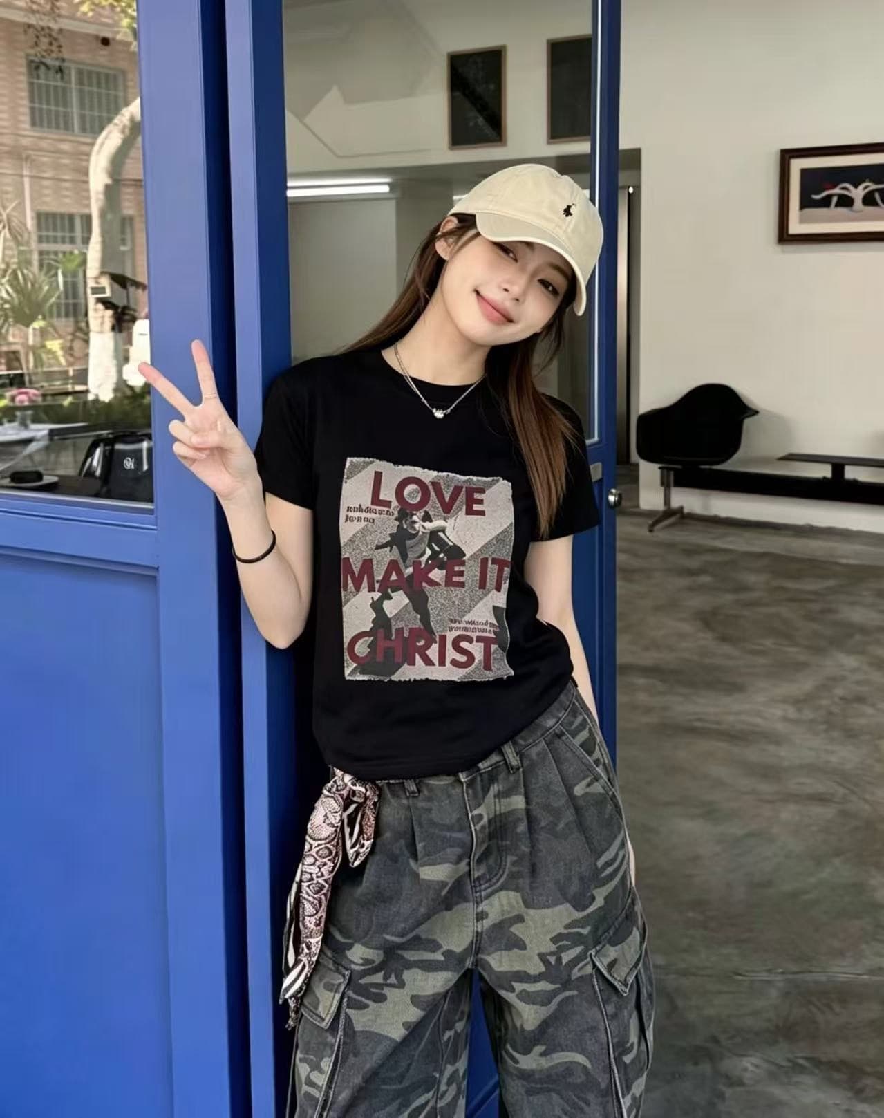 있음 선적 아메리칸 레트로 긍정적 인 어깨 쇼트 스타일 알파벳 프린트 라운드 넥 티셔츠 여성 몸매 가꾸기 슬림해 보이는 다용도 맨위 트렌디 상세 이미지 8
