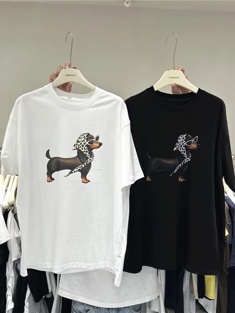 있음 선적 한국 동대문 여름 한국 스타일 루즈핏 다용도 머리띠 개 프린트 순면 라운드 넥 반팔 티셔츠 상세 이미지 5