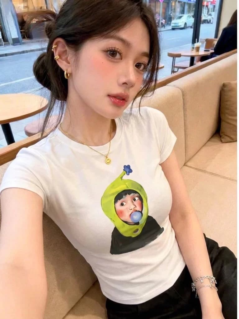있음 선적 여름 새로운 만화 프린트 반팔 티셔츠 여성 라운드 넥 쇼트 스타일 다용도 몸매 가꾸기 슬림해 보이는 핫걸 맨위 상세 이미지 8