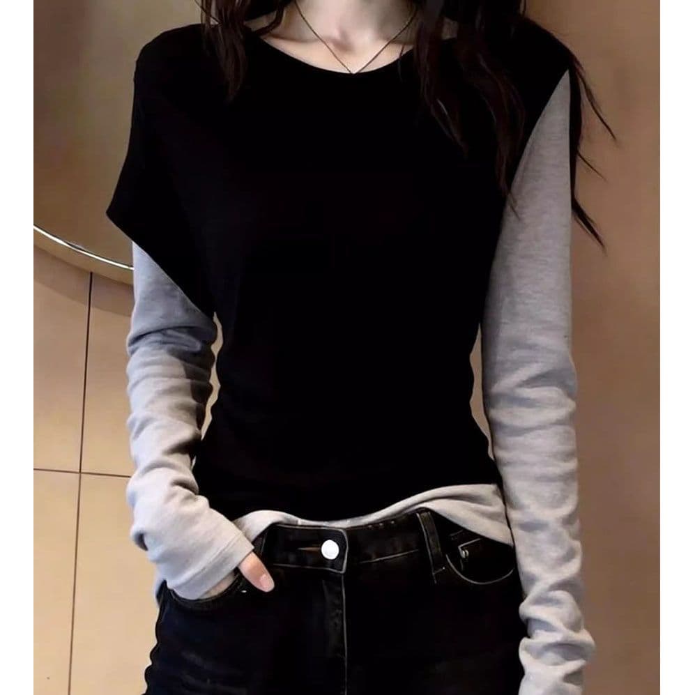 빅 사이즈 배색 페이크 레이어드 디자인 긴팔 티셔츠 이미지 4