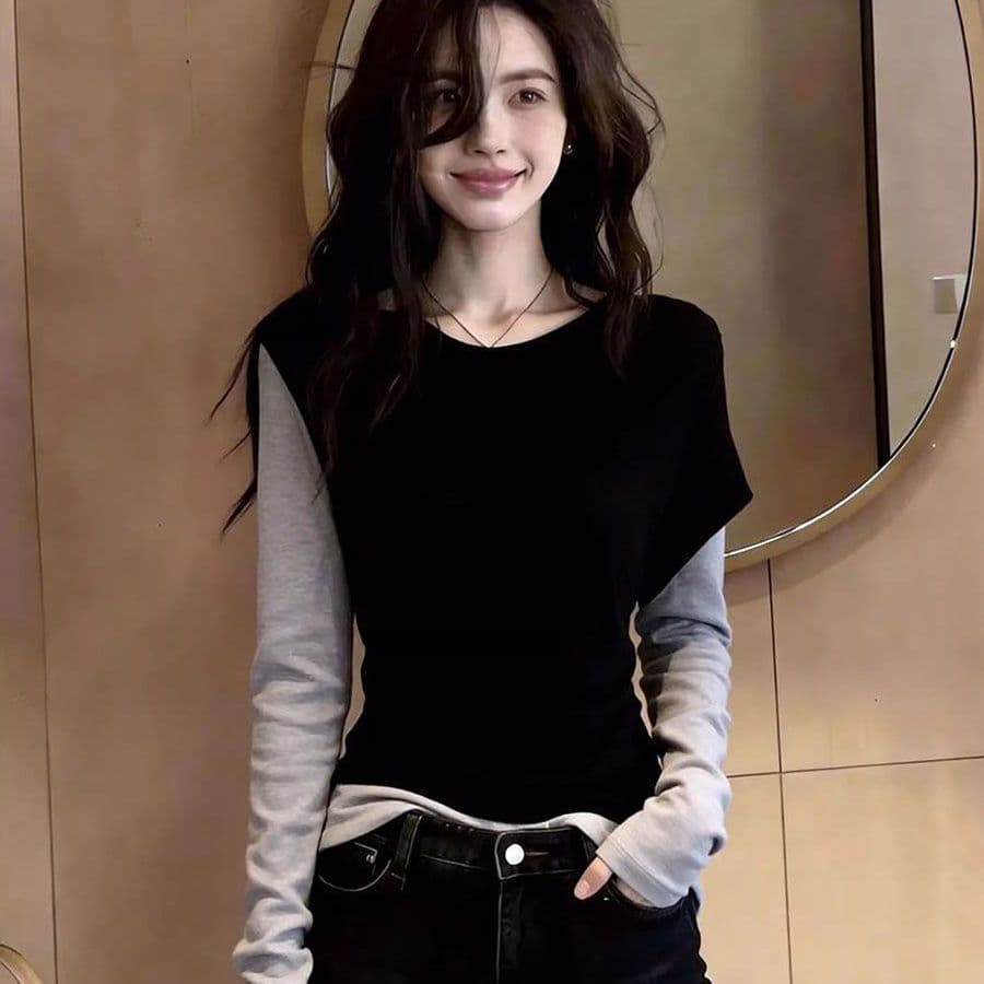 빅 사이즈 배색 페이크 레이어드 디자인 긴팔 티셔츠 상세 이미지 2