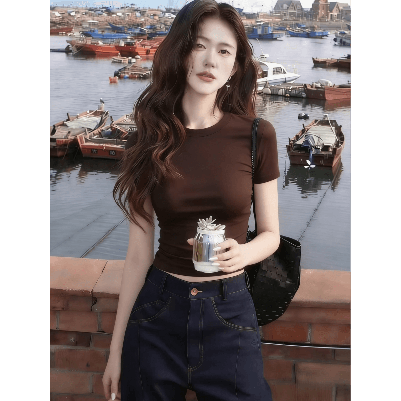 긍정적 인 어깨 브라운 반팔 티셔츠 여성 여름 새로운 몸매 가꾸기 허리 수축 인사이드 가져 가라. 기본 셔츠 맨위 상세 이미지 1