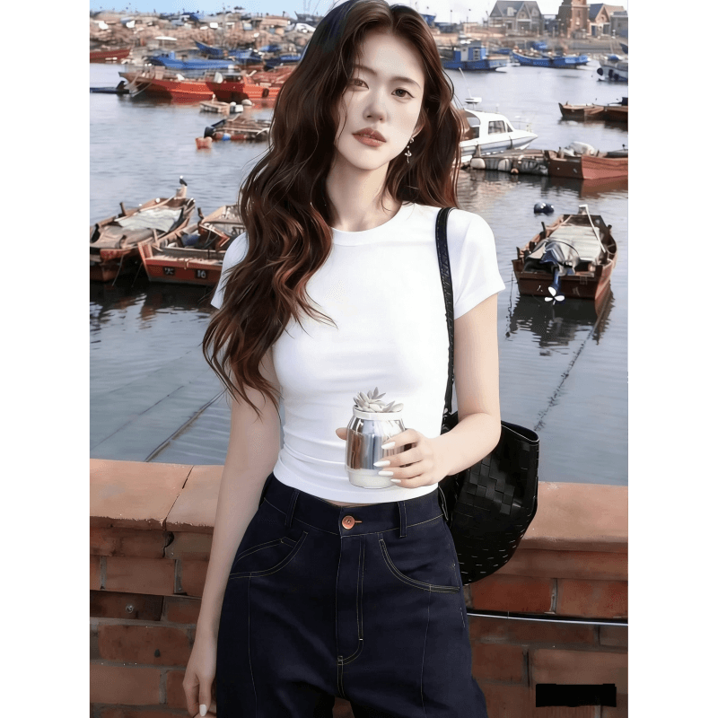 긍정적 인 어깨 브라운 반팔 티셔츠 여성 여름 새로운 몸매 가꾸기 허리 수축 인사이드 가져 가라. 기본 셔츠 맨위 상세 이미지 3