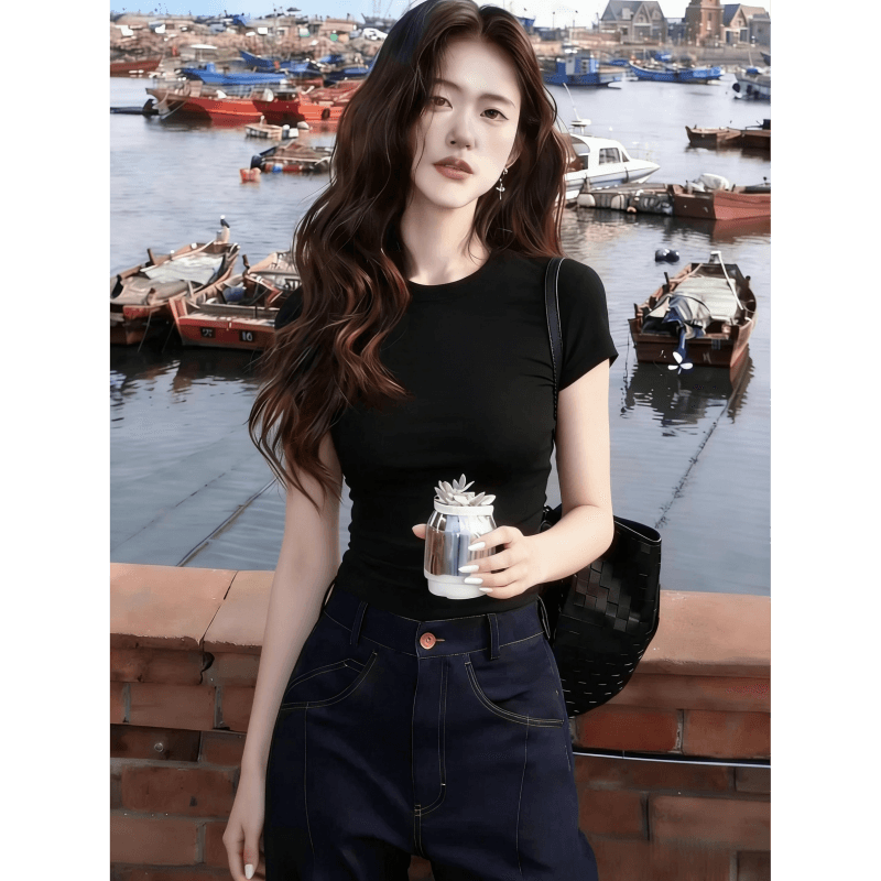 긍정적 인 어깨 브라운 반팔 티셔츠 여성 여름 새로운 몸매 가꾸기 허리 수축 인사이드 가져 가라. 기본 셔츠 맨위 상세 이미지 5