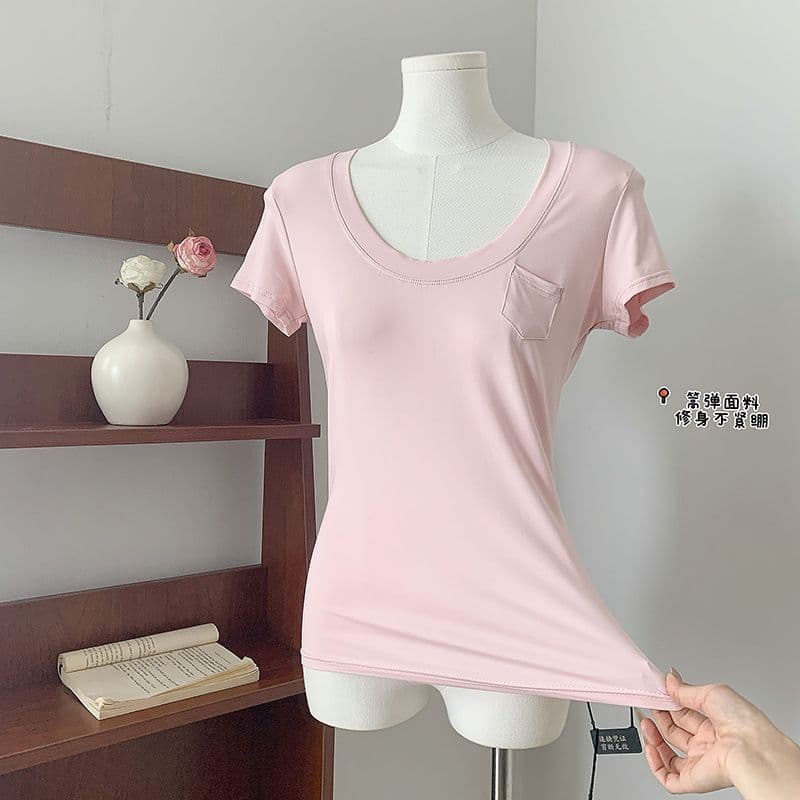 순수한 욕망 긍정적 인 어깨 티셔츠 여성 u 칼라 반팔 여성 단색 맨위 상세 이미지 4