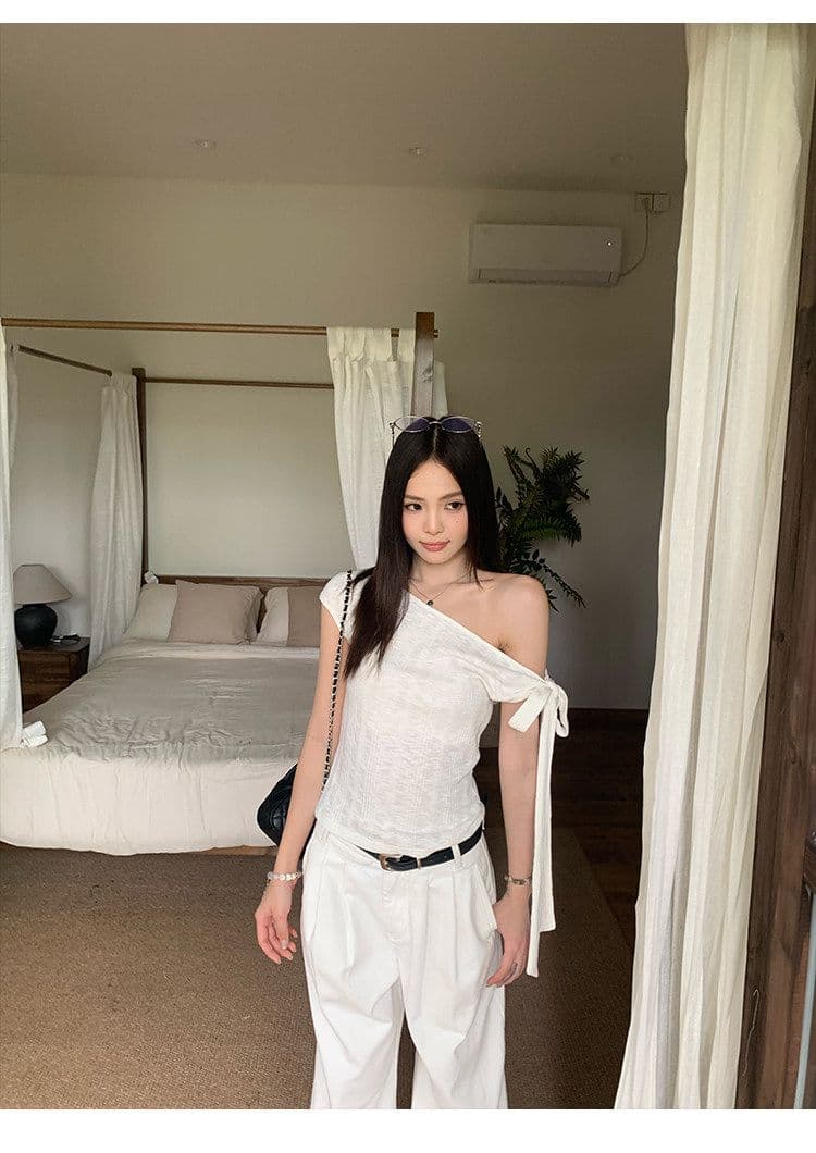 원본 대나무 마디 면 불규칙 비스듬한 어깨 반팔 티셔츠 여성 여름 몸매 가꾸기 슬림해 보이는 디자인 센스 오프숄더 맨위 상세 이미지 8