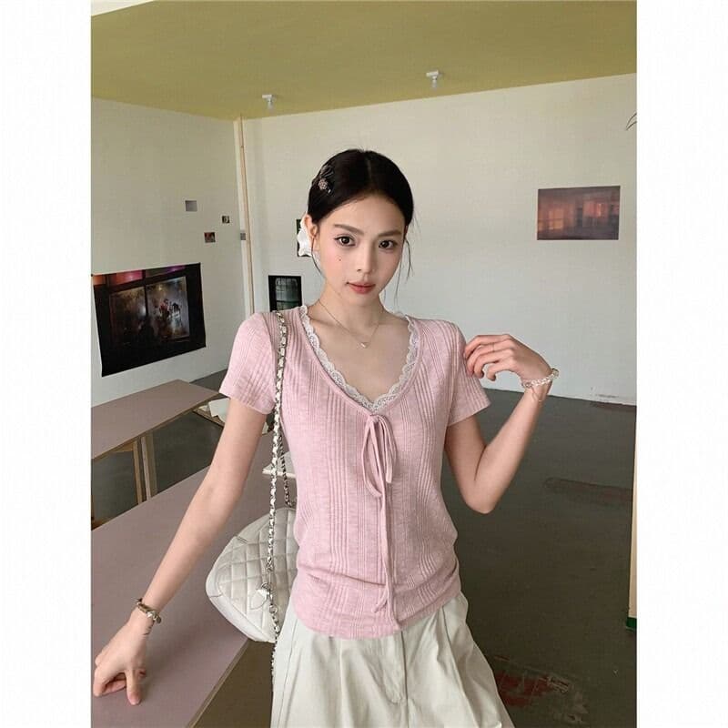 원본 원단 등나무 안개 언어 순수한 욕망 레이스 레이스 패치워크 V넥 반팔 티셔츠 여성 몸매 가꾸기 맨위 이미지 5