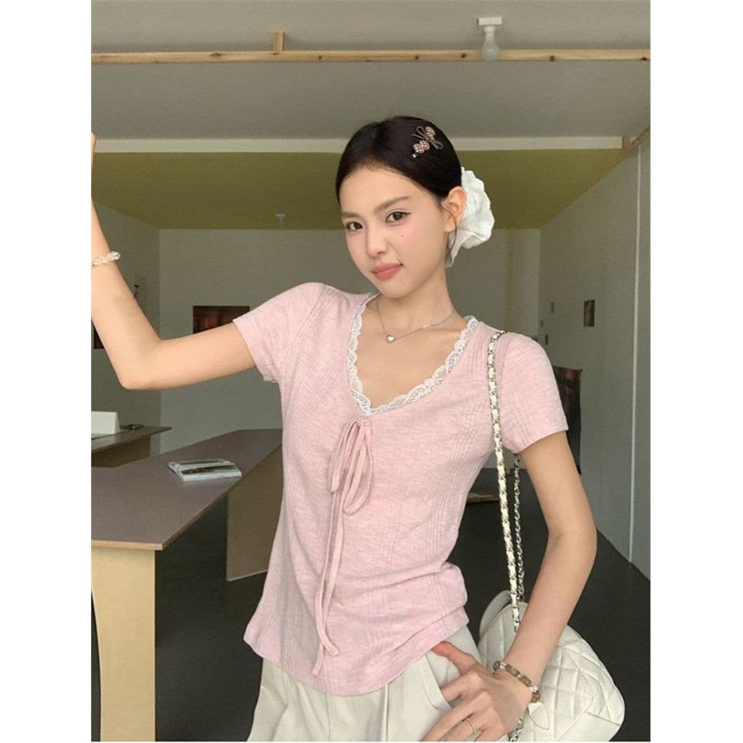 원본 원단 등나무 안개 언어 순수한 욕망 레이스 레이스 패치워크 V넥 반팔 티셔츠 여성 몸매 가꾸기 맨위 상세 이미지 4