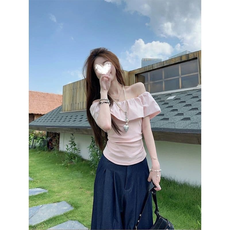 원본 40 순면 달콤한 스타일 화이트 오프숄더 프릴 티셔츠 여성 레저 아름다운 맨위 여름 상세 이미지 3