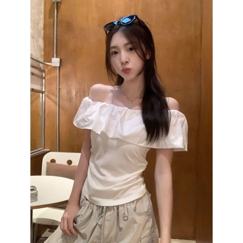 원본 40 순면 달콤한 스타일 화이트 오프숄더 프릴 티셔츠 여성 레저 아름다운 맨위 여름 상세 이미지 6