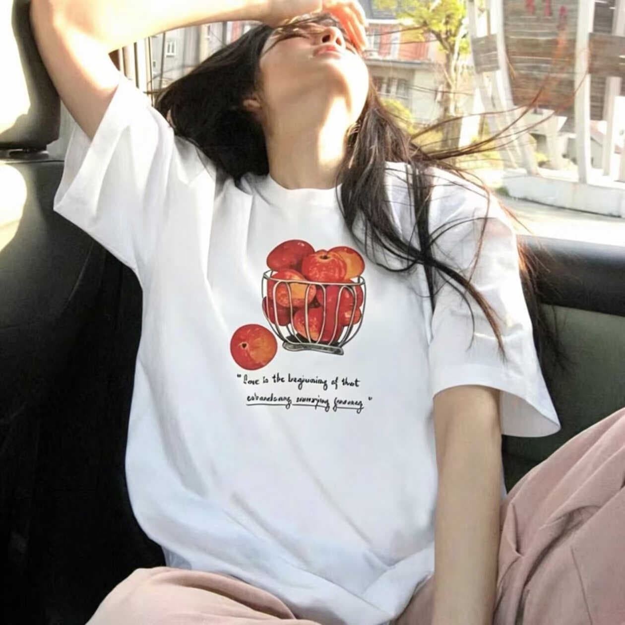 한 부서 루즈핏 미니멀리즘 캐주얼 다용도 레트로 애플 프린트 순면 라운드 넥 반팔 티셔츠 상세 이미지 2