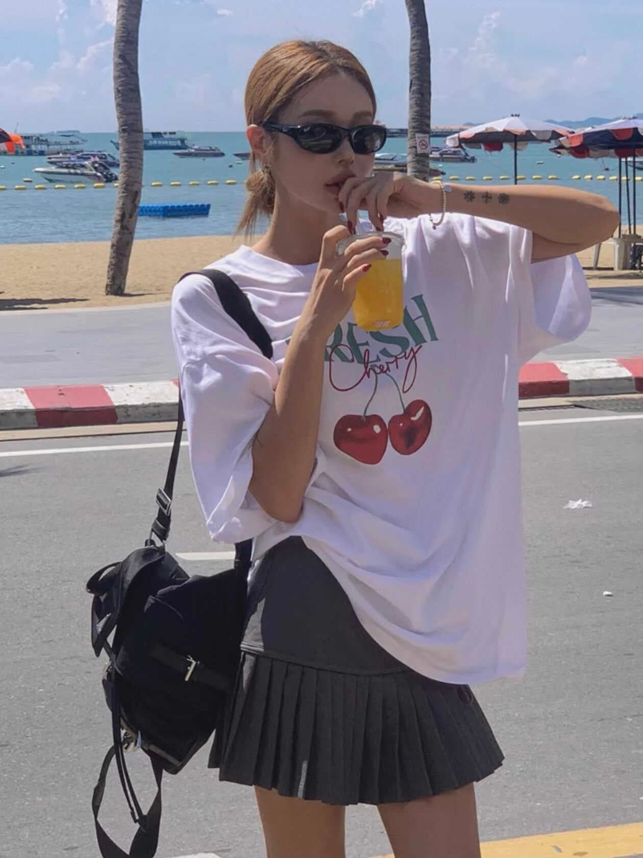 있음 선적 한국 스타일 루즈핏 슬림해 보이는 다용도 캐주얼 과일 프린트 순면 라운드 넥 반팔 티셔츠 상세 이미지 1