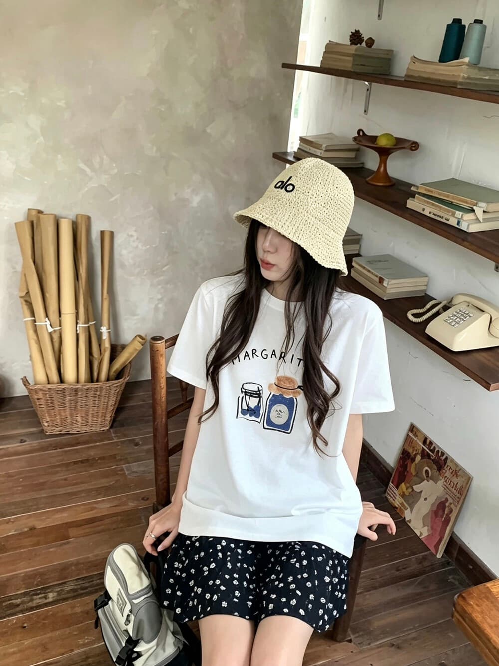 있음 선적 한 부서 캐주얼 다용도 미니멀리즘 ins 바람 프린트 순면 라운드 넥 반팔 티셔츠 이미지 3