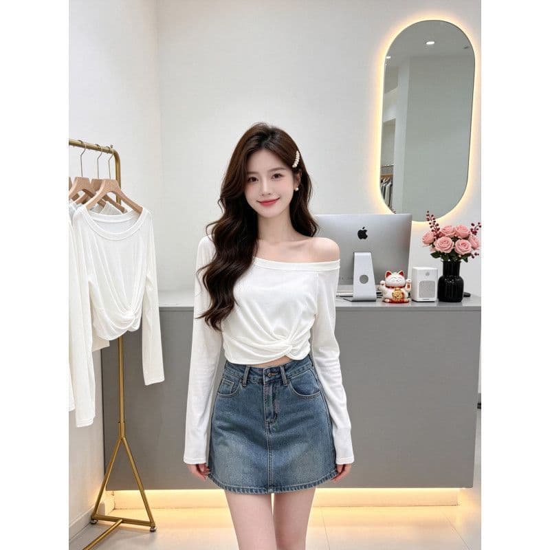 디자인 센스 디스플레이 몸매 가꾸기 작은 대중 오프숄더 긴팔 티셔츠 여성 이미지 3