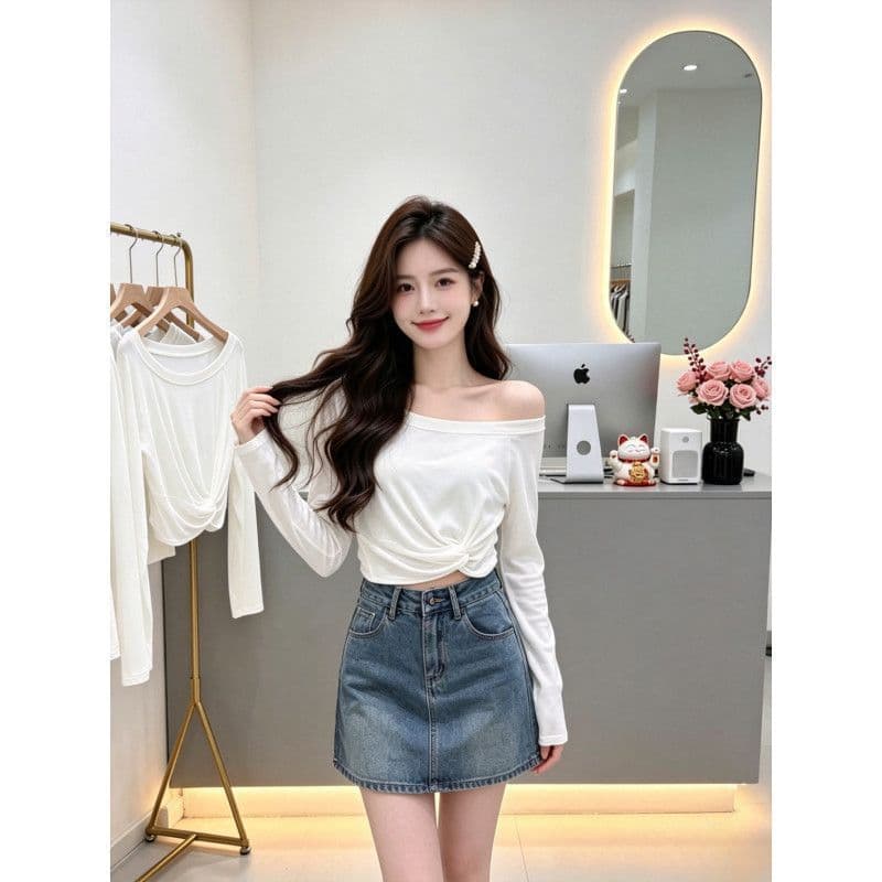 디자인 센스 디스플레이 몸매 가꾸기 작은 대중 오프숄더 긴팔 티셔츠 여성 상세 이미지 2