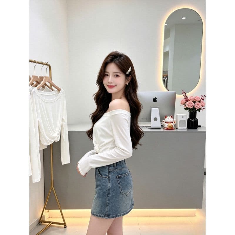 디자인 센스 디스플레이 몸매 가꾸기 작은 대중 오프숄더 긴팔 티셔츠 여성 상세 이미지 3